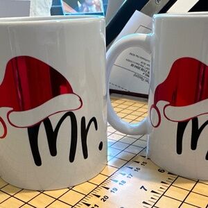 Mr & Mrs CHRISTMAS MUGS | RED VINYL Santa Hats - HO HO HO | Bride Groom Set